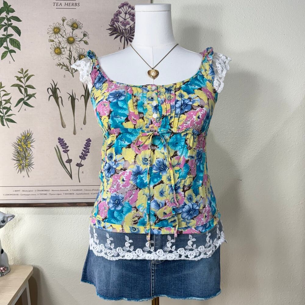90s Y2k Floral Lace Trim Babydoll Top Cottage Coquette Garden Party Romantic S